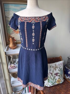 Tory Burch Navy Embroidered Off-Shoulder Dress with Coral and White Accents